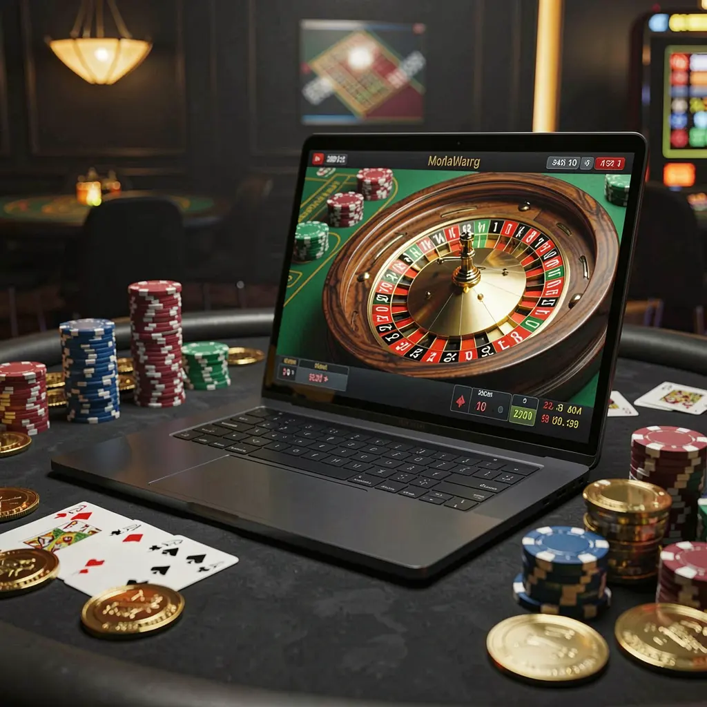 QQ777 – Experience high quality online casino gaming anytime in Bangladesh Modern laptop showing a live roulette table with stacked casino chips and playing cards highlighting the premium online casino atmosphere of QQ777