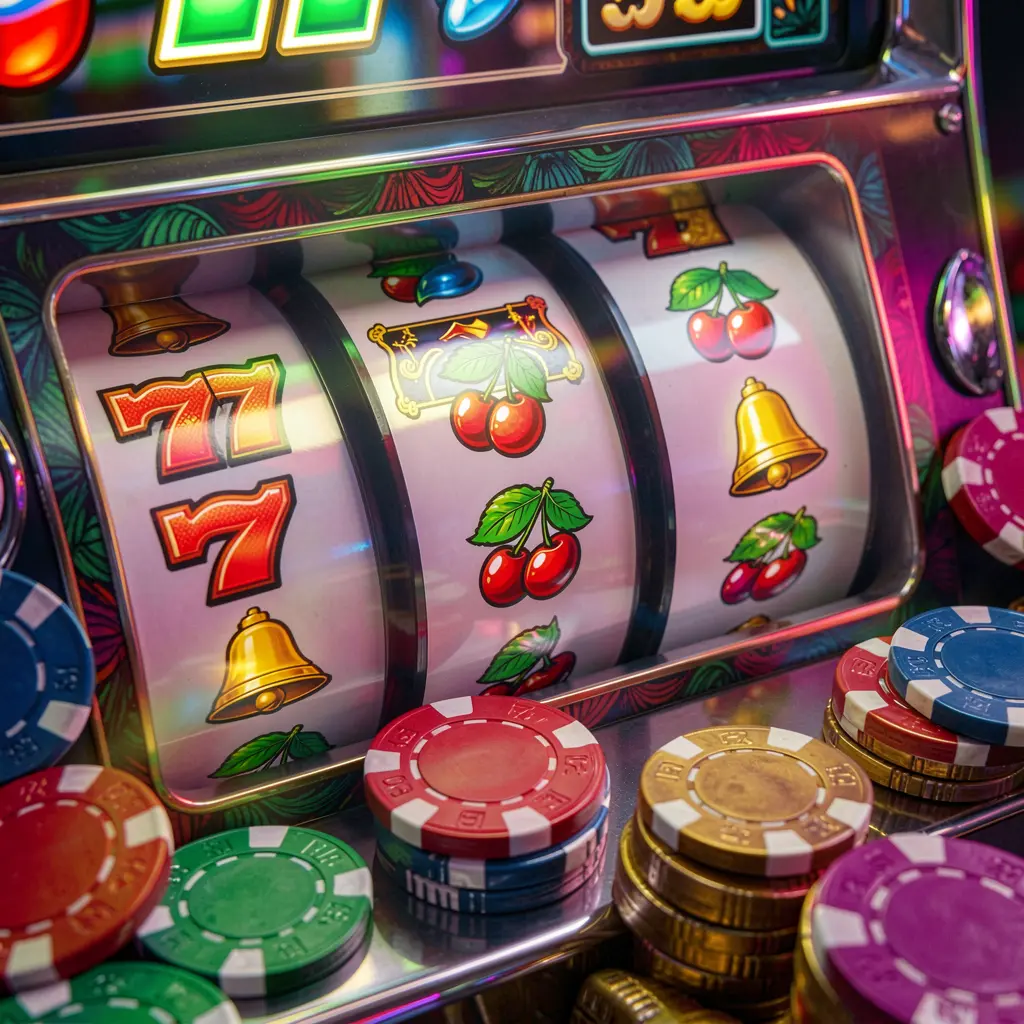 Classic casino slot machine with red sevens and golden bells surrounded by glowing chips representing the thrilling slot experience at QQ777 casino in Bangladesh